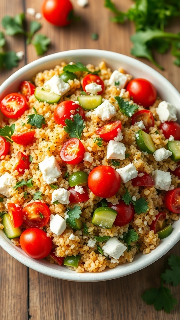 Mediterranean Quinoa Salad with Lemon Vinaigrette A colorful Mediterranean quinoa salad with tomatoes, cucumbers, parsley, and feta cheese in a bowl.